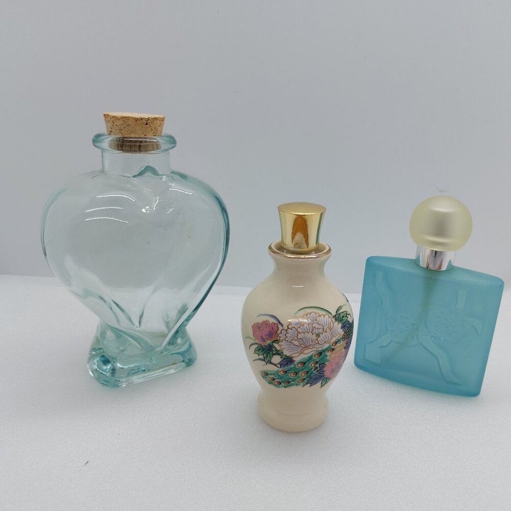 3 Vintage Bottles Heart Shape Bottle Perfume Bottle Ceramic Teal Blue Brosseau